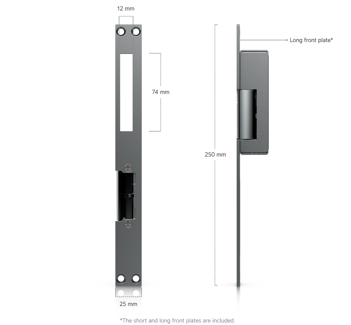 Ubiquiti UACC-Lock-Strike-Secure-8mm UniFi Narrow 8mm Fail-Secure Strike Lock dimensional diagram showing the included 250mm long front plate, 74mm opening and 12mm mounting-hole spacing.