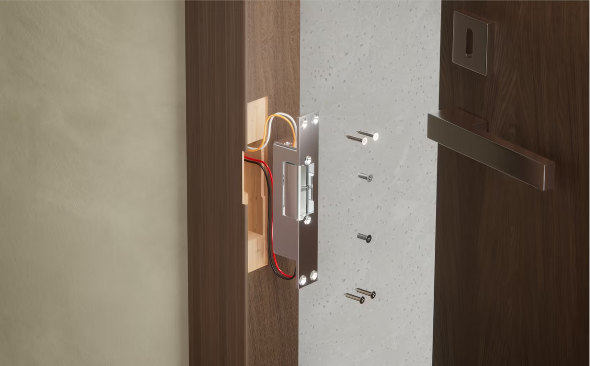 Ubiquiti UACC-Lock-Strike-Secure-8mm UniFi Narrow 8mm Fail-Secure Strike Lock exploded installation view with wiring, short front plate and mounting screws for a timber door frame.