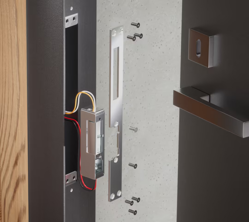 Ubiquiti UACC-Lock-Strike-Secure-8mm UniFi Narrow 8mm Fail-Secure Strike Lock exploded installation view with wiring, long front plate and mounting screws for a metal door frame.