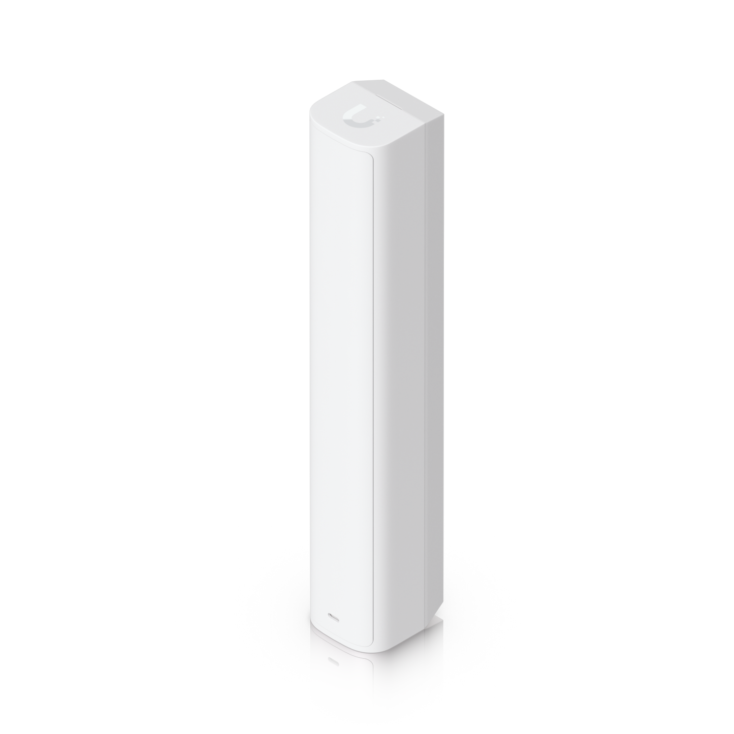 Elevated front angle of the Ubiquiti USL-GlassBreak sensor showing its status indicator and UniFi logo
