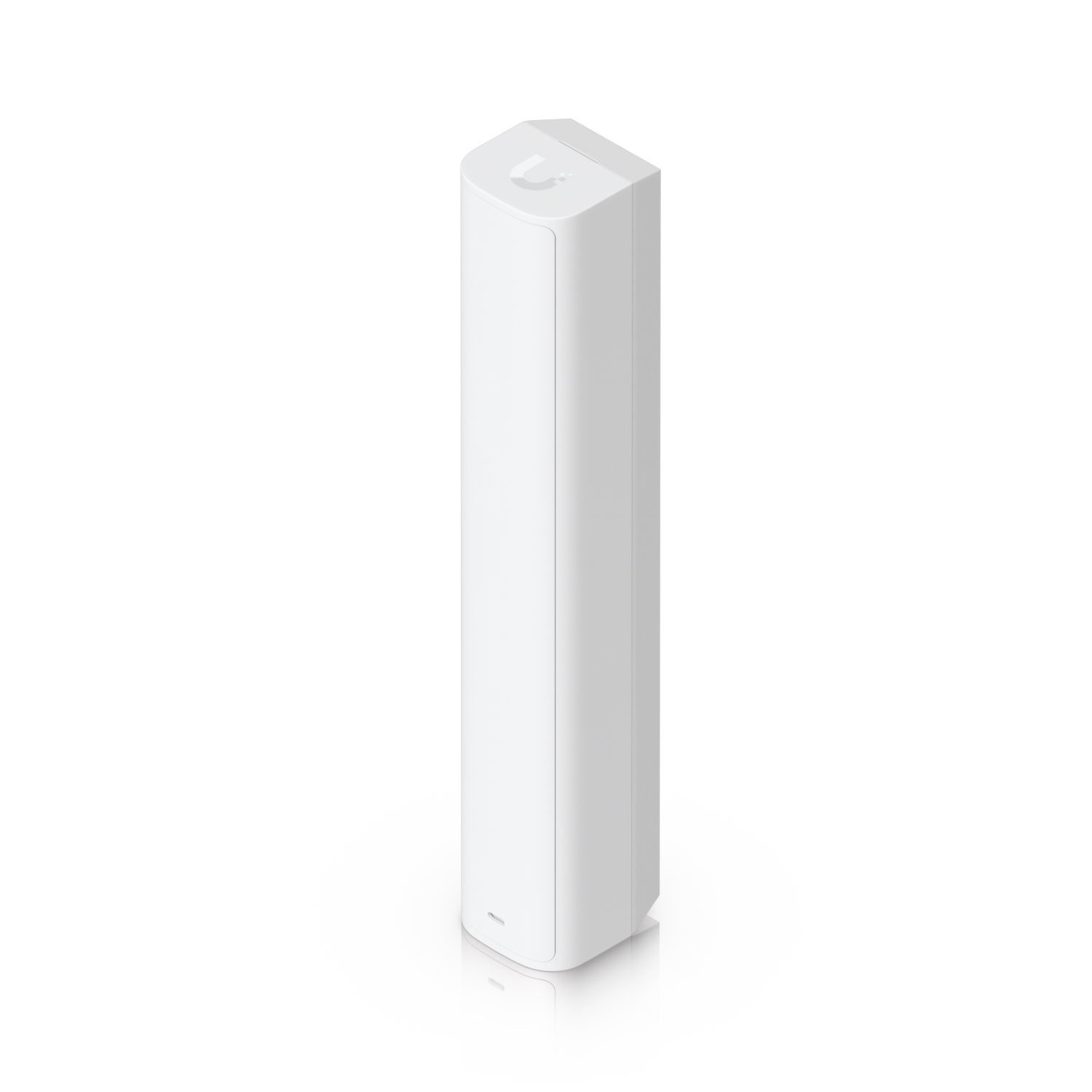 Elevated front angle of the Ubiquiti USL-GlassBreak sensor showing its status indicator and UniFi logo
