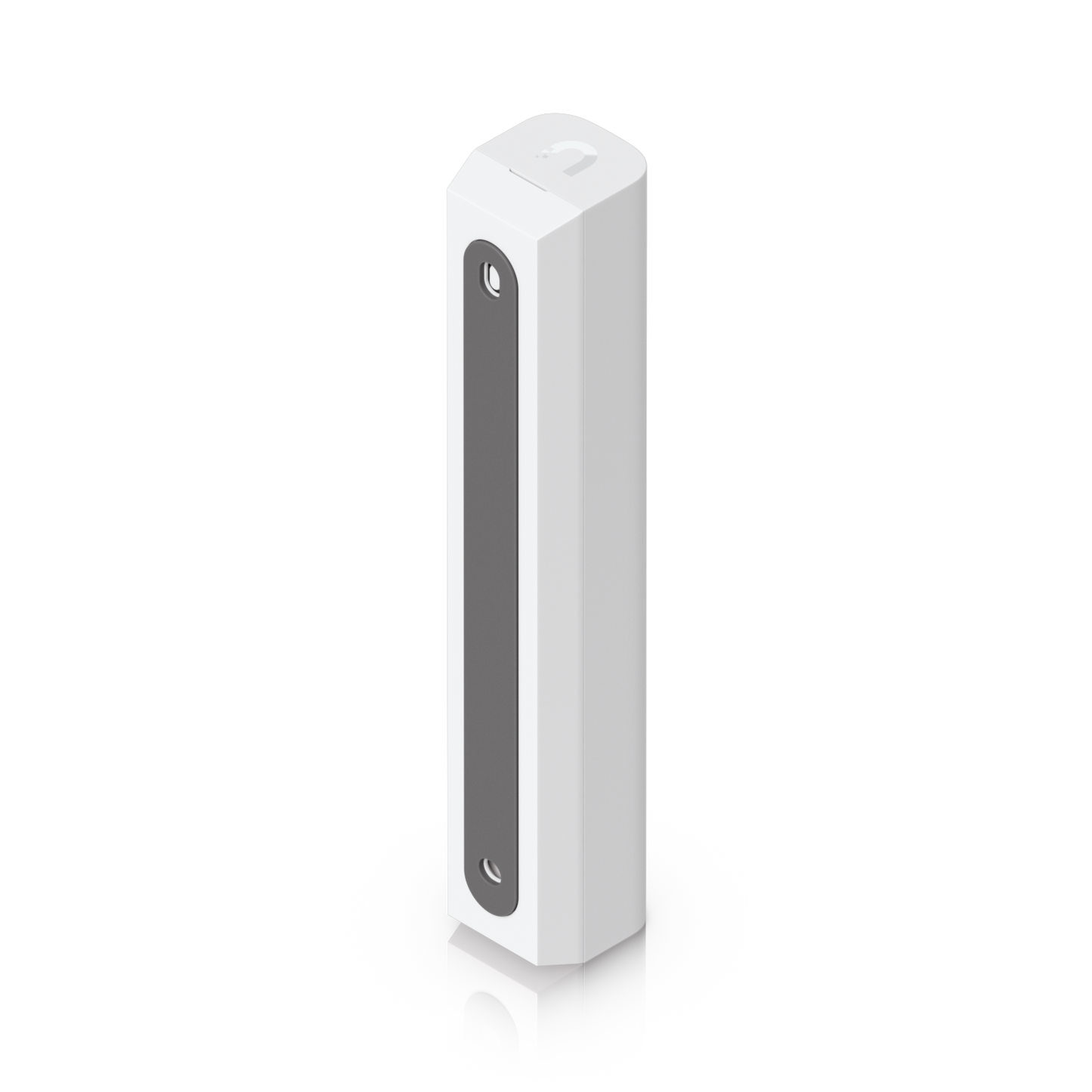 Elevated rear angle of the Ubiquiti USL-GlassBreak sensor with mounting strip, fixing slots and UniFi logo