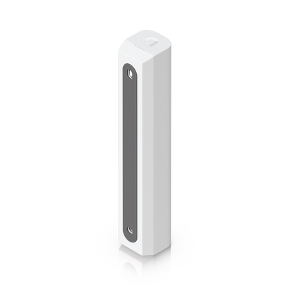Elevated rear angle of the Ubiquiti USL-GlassBreak sensor with mounting strip, fixing slots and UniFi logo