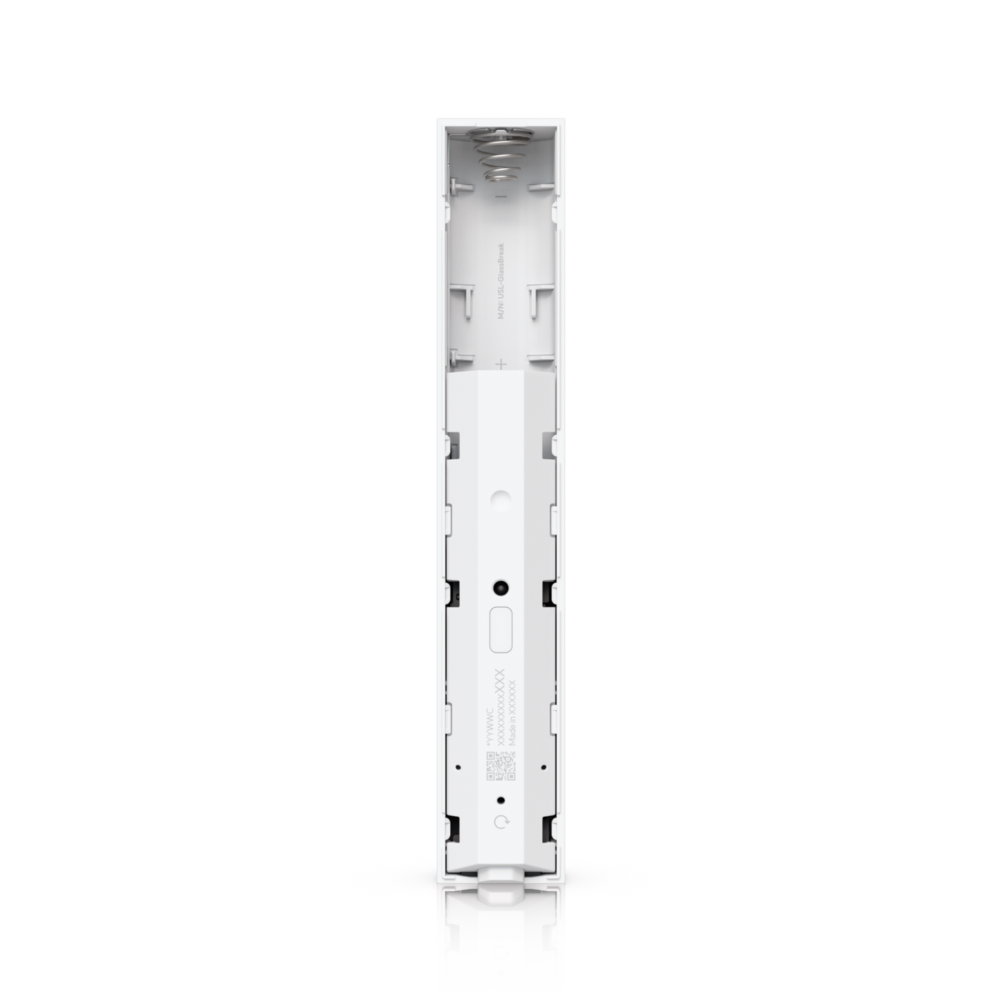 Open battery compartment of the Ubiquiti USL-GlassBreak sensor showing the spring contact and device label
