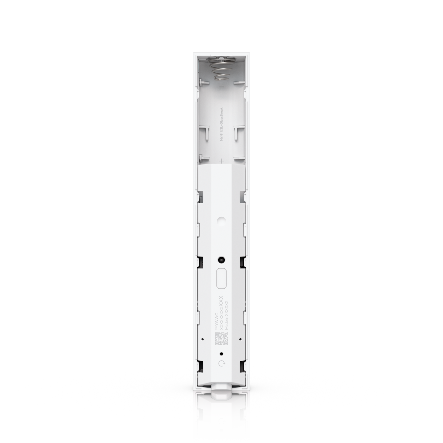 Open battery compartment of the Ubiquiti USL-GlassBreak sensor showing the spring contact and device label
