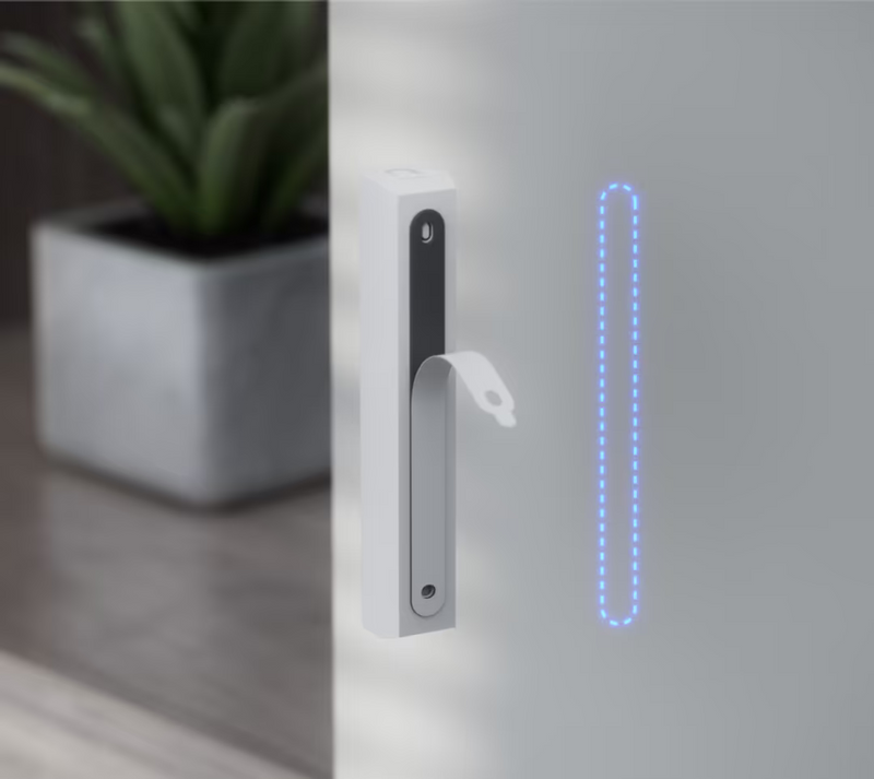 UniFi Glass Break Sensor USL-GlassBreak showing peel-off adhesive strip for tool-free installation