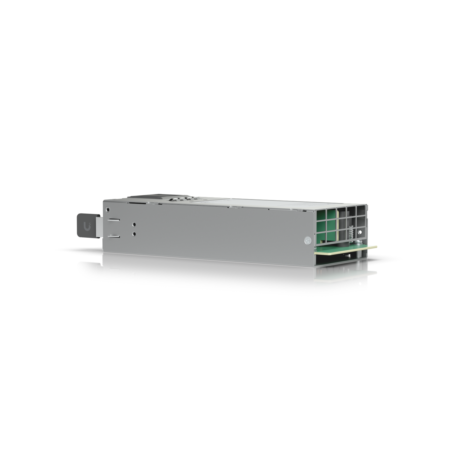 Ubiquiti UACC-PSU-12V-150W UniFi 150W hot-swappable power module, angled connector-end view with vent grille, circuit board and contacts