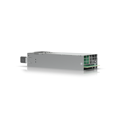 Ubiquiti UACC-PSU-12V-150W UniFi 150W hot-swappable power module, angled connector-end view with vent grille, circuit board and contacts