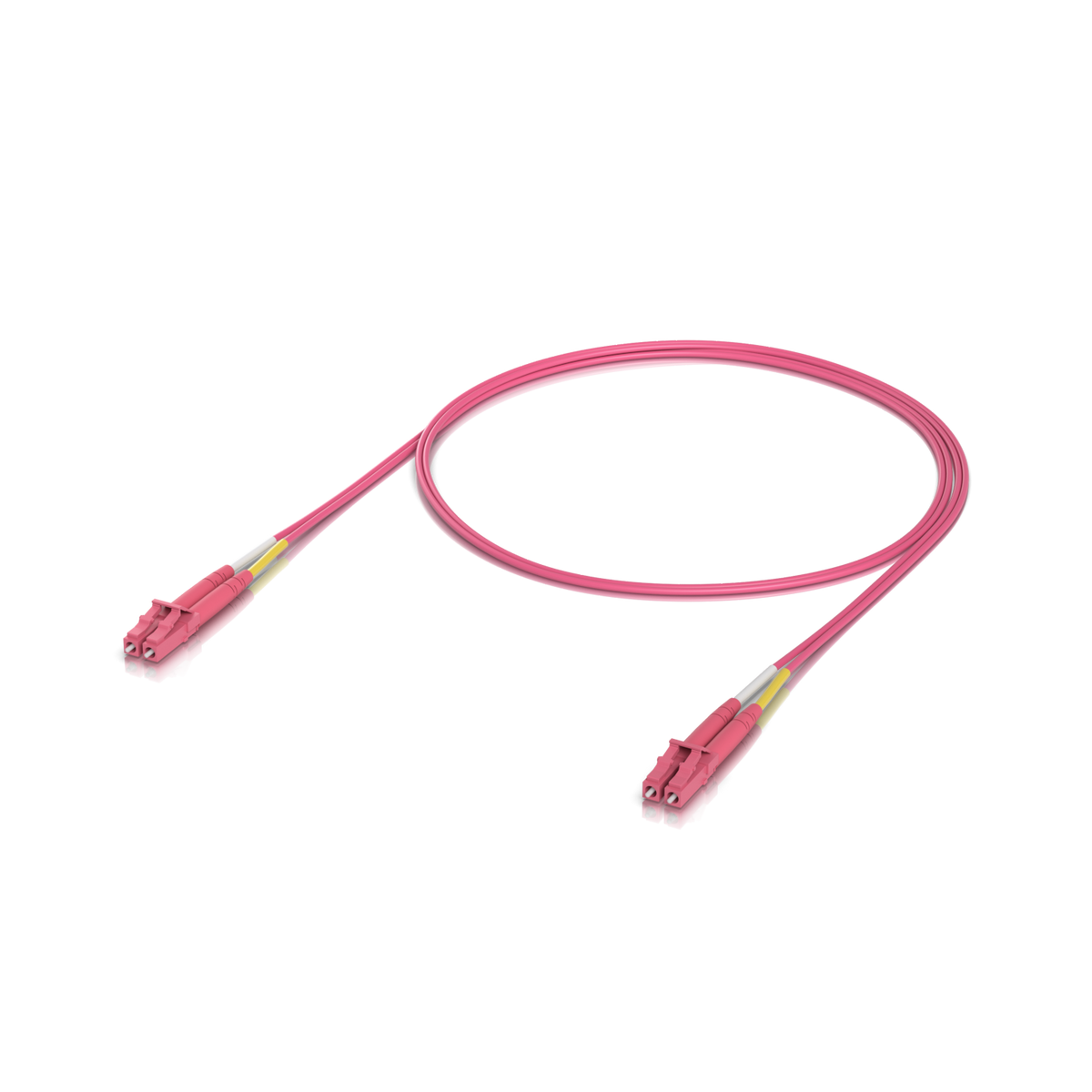 Ubiquiti UACC-OFC-M2-LULU-1M UniFi 1m OM4 duplex LC UPC fibre patch cable coiled with duplex connectors visible at both ends.