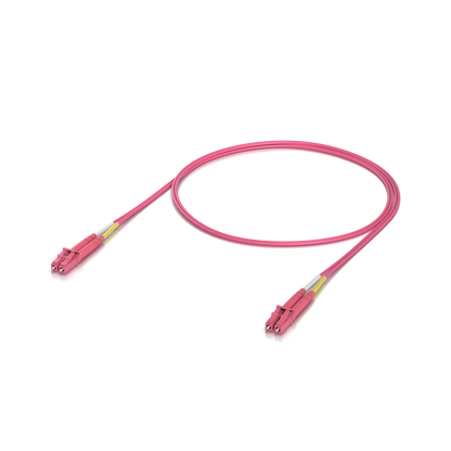 Ubiquiti UACC-OFC-M2-LULU-1M UniFi 1m OM4 duplex LC UPC fibre patch cable coiled with duplex connectors visible at both ends.