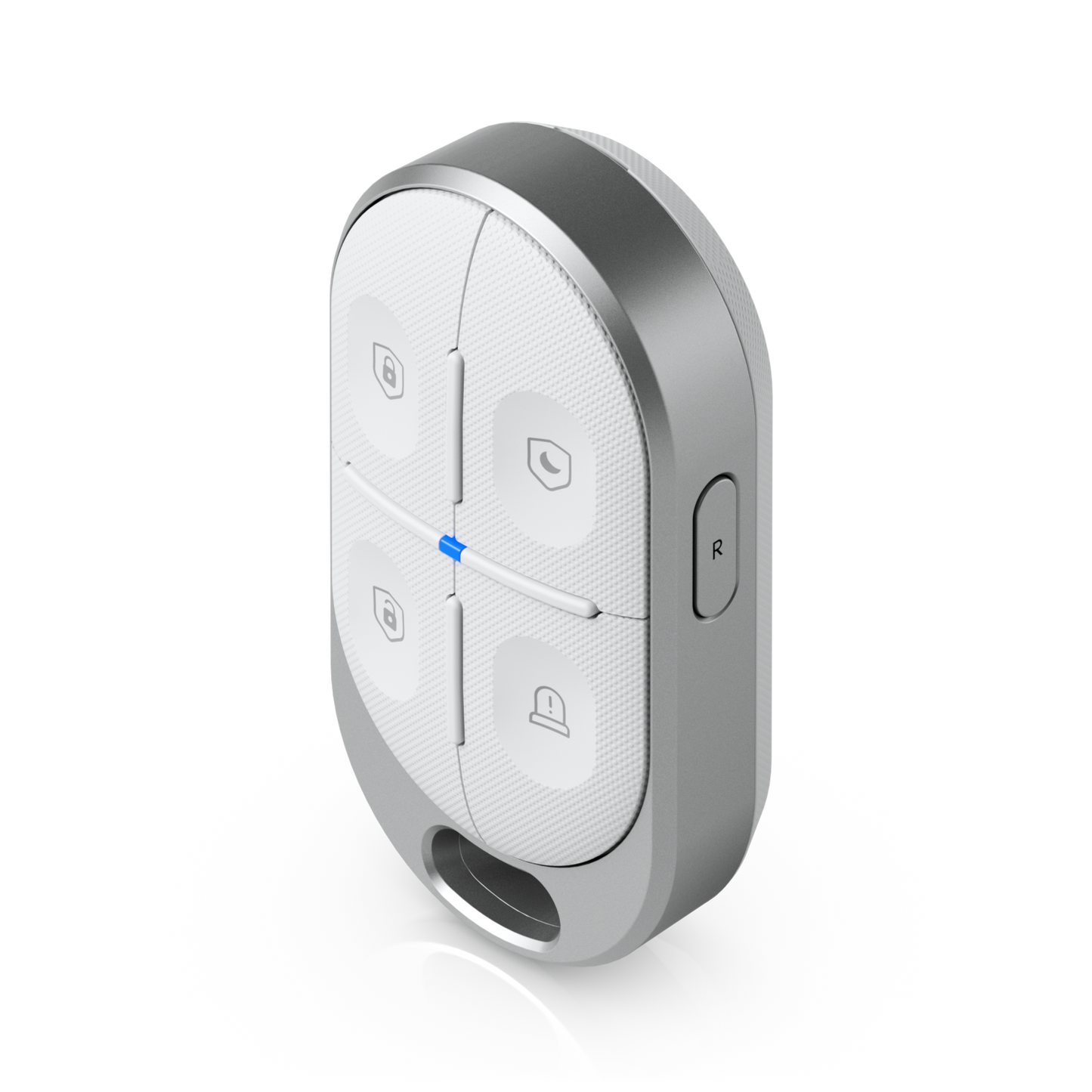 Angled Ubiquiti USL-FOB UniFi Remote Control KeyFob showing four security buttons, side control and keyring opening.