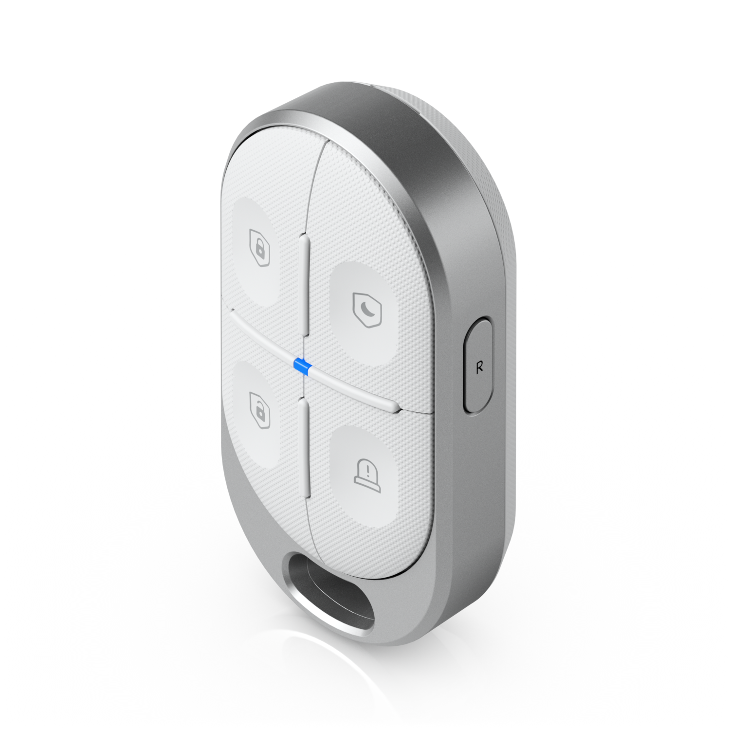 Angled Ubiquiti USL-FOB UniFi Remote Control KeyFob showing four security buttons, side control and keyring opening.