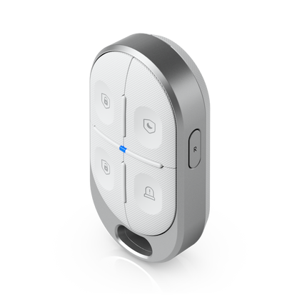 Angled Ubiquiti USL-FOB UniFi Remote Control KeyFob showing four security buttons, side control and keyring opening.