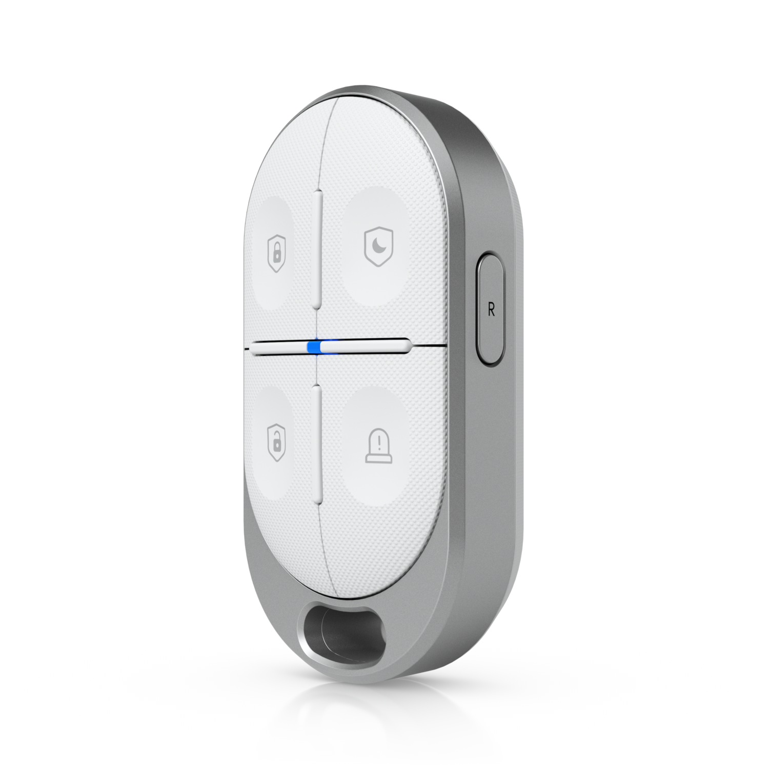 Angled front view of the Ubiquiti USL-FOB UniFi KeyFob showing four controls, blue indicator and side button.