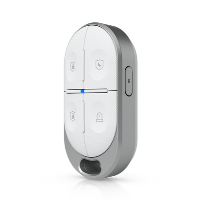 Angled front view of the Ubiquiti USL-FOB UniFi KeyFob showing four controls, blue indicator and side button.