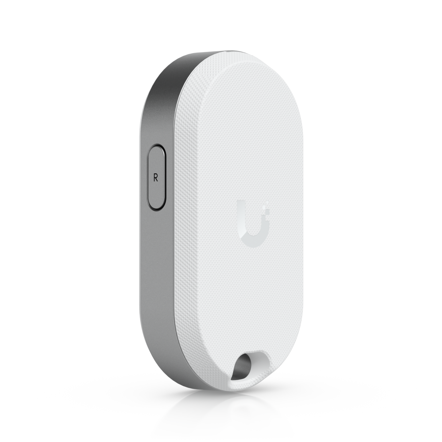 Rear angled view of the Ubiquiti UniFi USL-FOB KeyFob showing the textured back, logo and keyring opening.