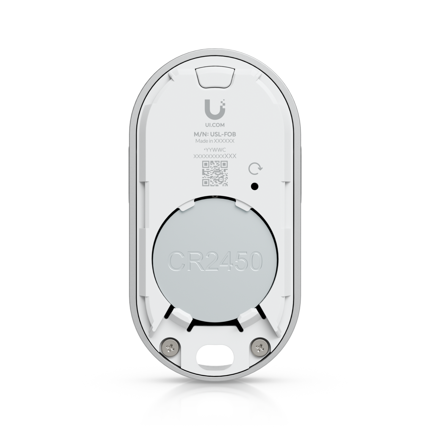 Ubiquiti UniFi Remote Control KeyFob USL-FOB with rear cover removed, showing the installed CR2450 battery.