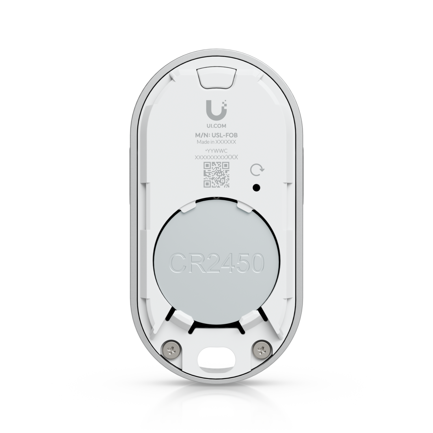Ubiquiti UniFi Remote Control KeyFob USL-FOB with rear cover removed, showing the installed CR2450 battery.