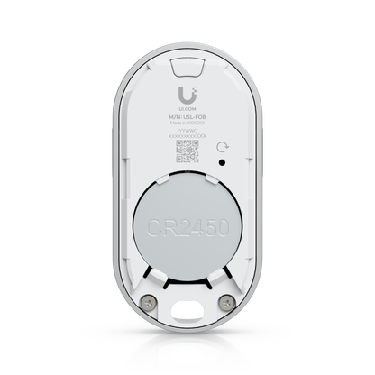 Ubiquiti UniFi Remote Control KeyFob USL-FOB with rear cover removed, showing the installed CR2450 battery.