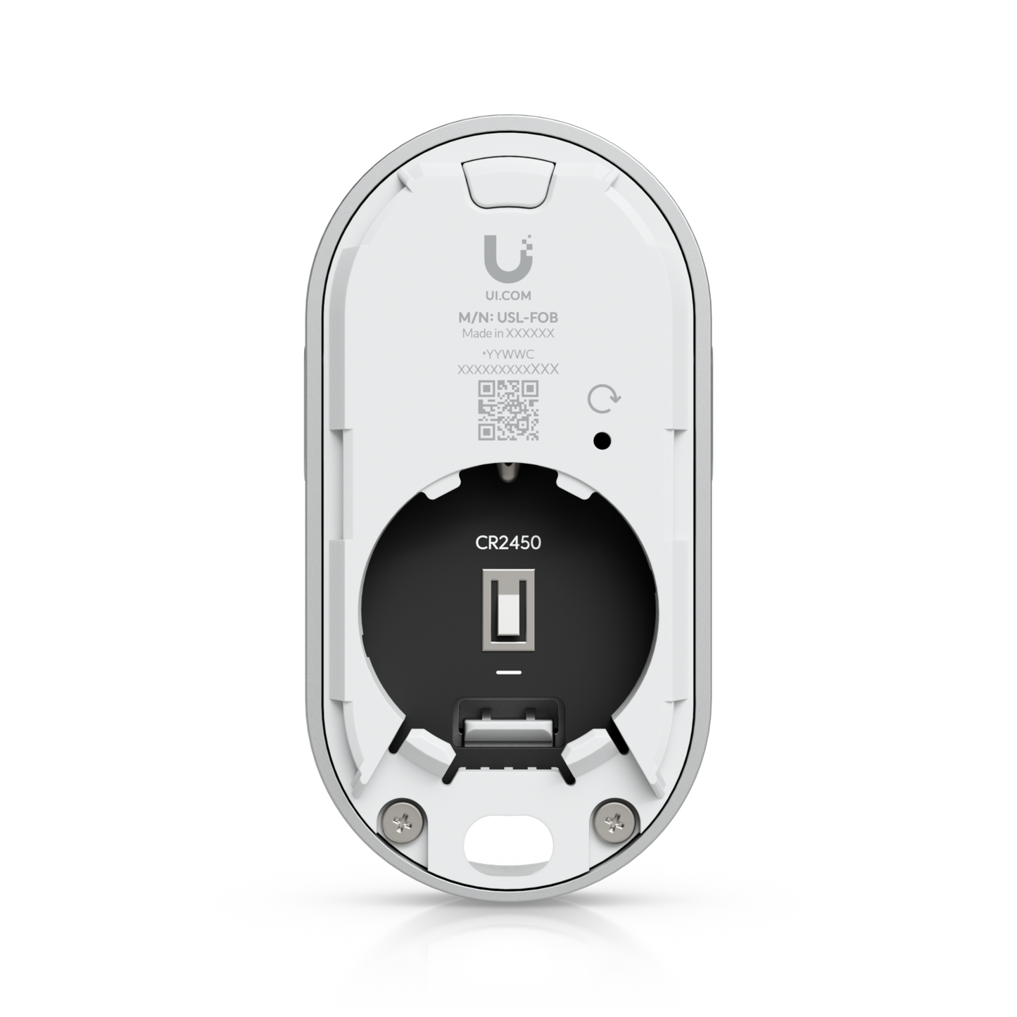 Open rear view of the Ubiquiti USL-FOB UniFi KeyFob showing the CR2450 battery compartment and reset point.