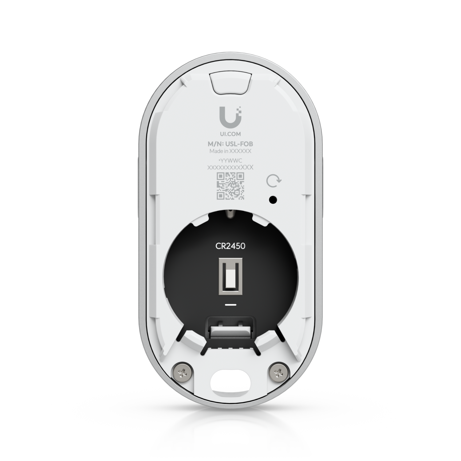 Open rear view of the Ubiquiti USL-FOB UniFi KeyFob showing the CR2450 battery compartment and reset point.