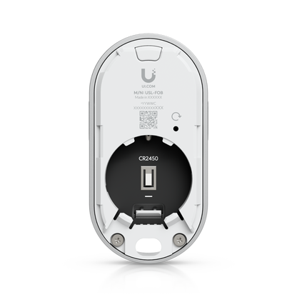 Open rear view of the Ubiquiti USL-FOB UniFi KeyFob showing the CR2450 battery compartment and reset point.