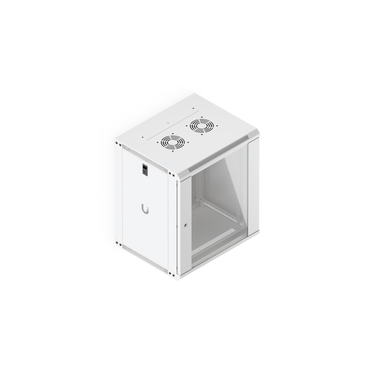 Ubiquiti UACC-Rack-12U-Wall-450-G UniFi Slim 12U rack cabinets in a high-angle view with closed glass door and dual top fan grilles.