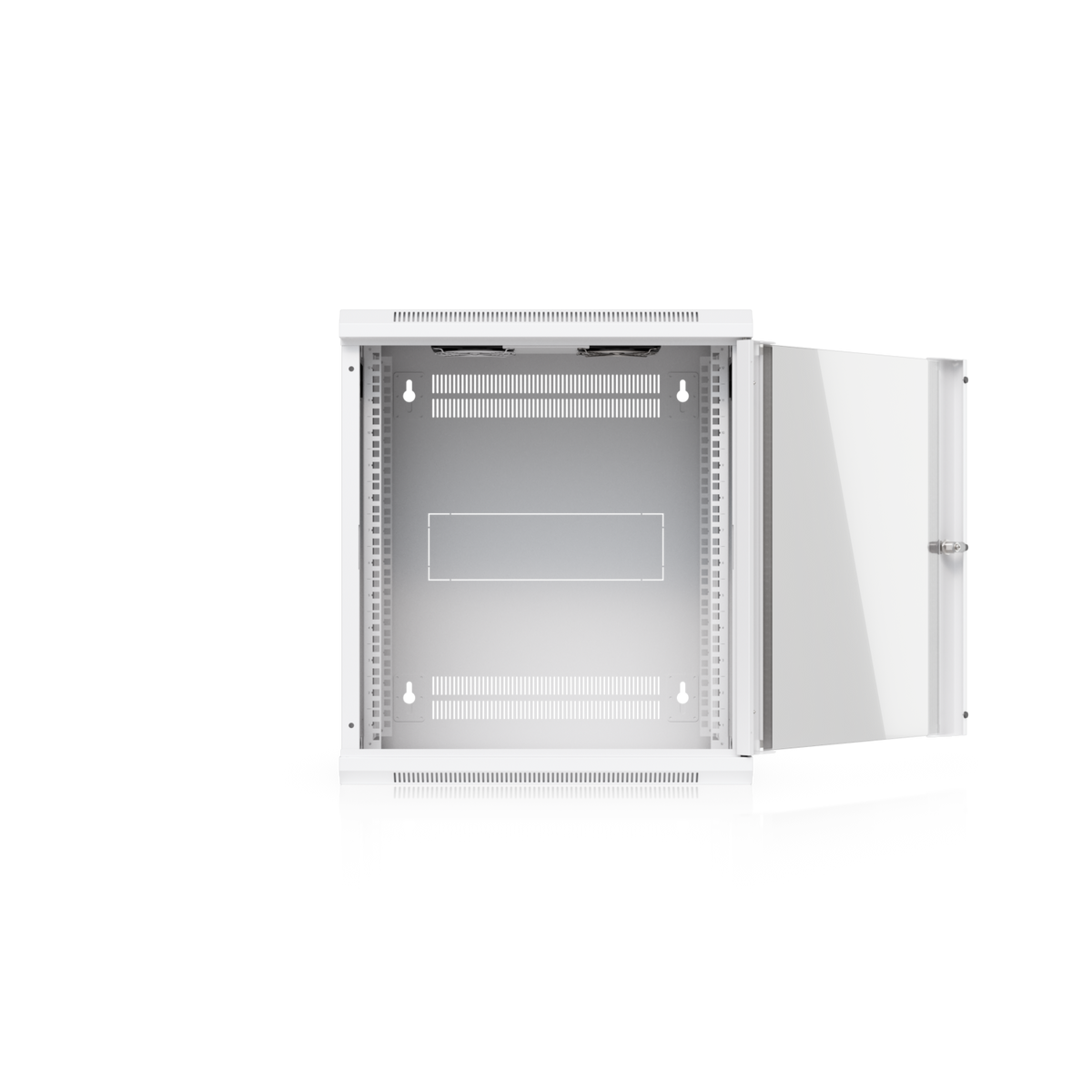 Ubiquiti UACC-Rack-12U-Wall-450-G UniFi Slim 12U rack cabinet with glass door open, revealing mounting rails, rear vents and wall-mount keyholes.