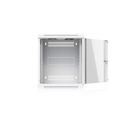 Ubiquiti UACC-Rack-12U-Wall-450-G UniFi Slim 12U rack cabinet with glass door open, revealing mounting rails, rear vents and wall-mount keyholes.