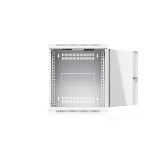 Ubiquiti UACC-Rack-12U-Wall-450-G UniFi Slim 12U rack cabinet with glass door open, revealing mounting rails, rear vents and wall-mount keyholes.