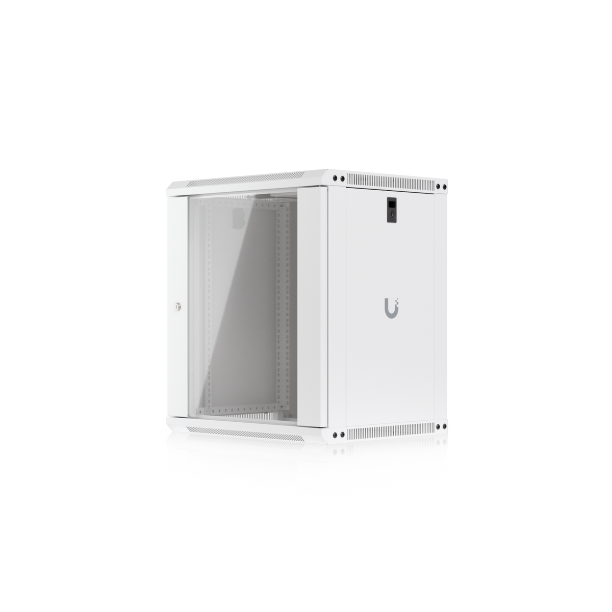 Ubiquiti UACC-Rack-12U-Wall-450-G UniFi Slim 12U network cabinet in a front angled view with glass door, side panel and ventilated frame.
