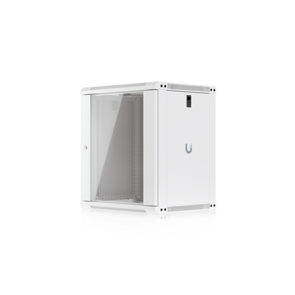 Ubiquiti UACC-Rack-12U-Wall-450-G UniFi Slim 12U network cabinet in a front angled view with glass door, side panel and ventilated frame.