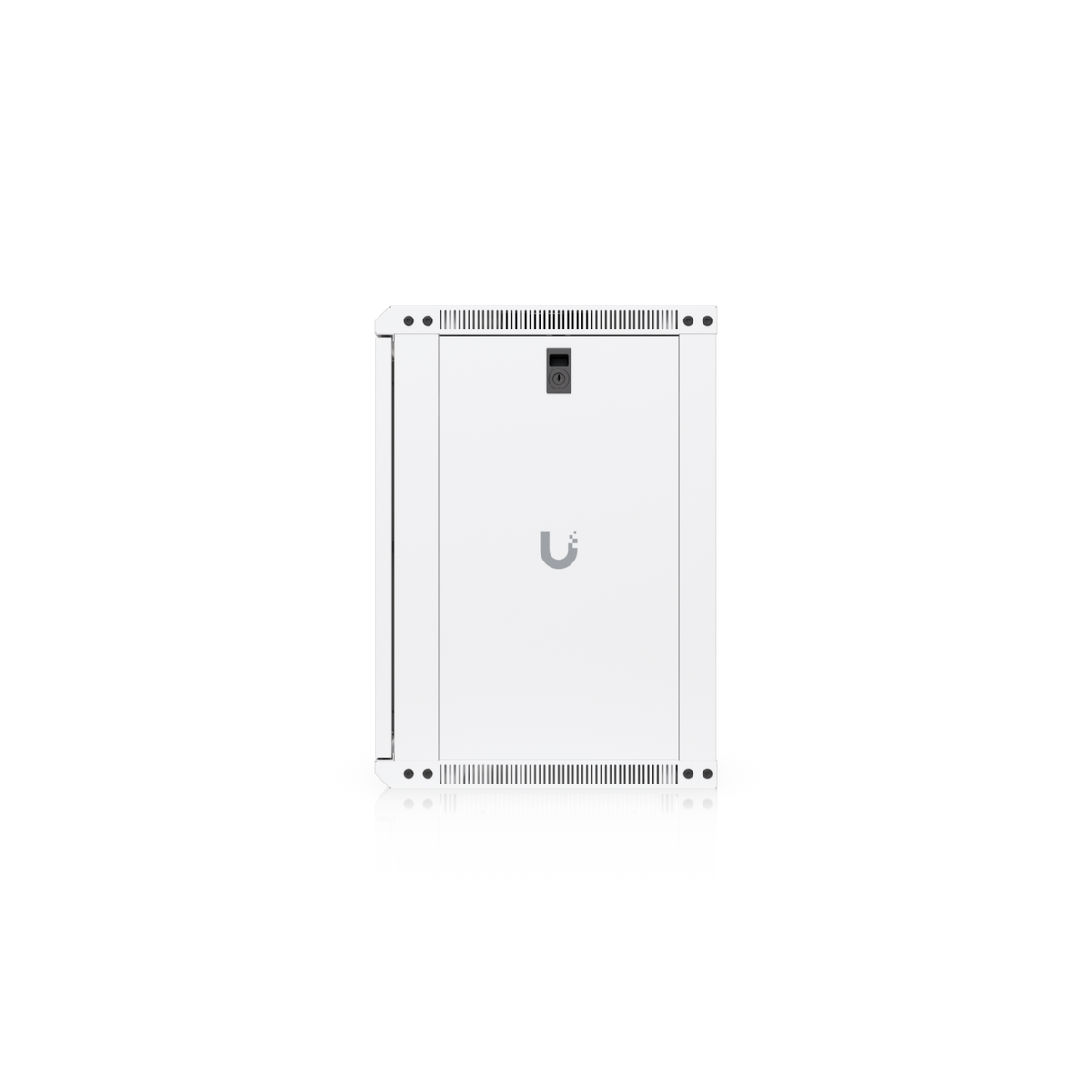 Ubiquiti UACC-Rack-12U-Wall-450-G UniFi Slim 12U rack cabinet side view showing the lockable panel, UniFi logo and ventilation slots.