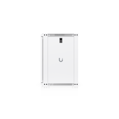 Ubiquiti UACC-Rack-12U-Wall-450-G UniFi Slim 12U rack cabinet side view showing the lockable panel, UniFi logo and ventilation slots.
