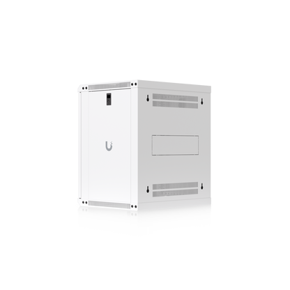 Ubiquiti UACC-Rack-12U-Wall-450-G UniFi Slim 12U cabinet in a rear angled view with wall-mount keyholes, ventilation and cable entry panel.