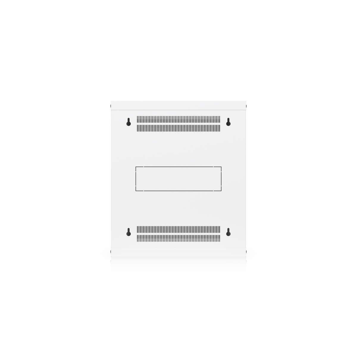Ubiquiti UACC-Rack-12U-Wall-450-G UniFi Slim 12U wall cabinet rear view with four mounting keyholes, dual ventilation areas and cable access panel.