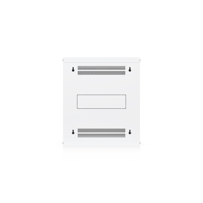 Ubiquiti UACC-Rack-12U-Wall-450-G UniFi Slim 12U wall cabinet rear view with four mounting keyholes, dual ventilation areas and cable access panel.