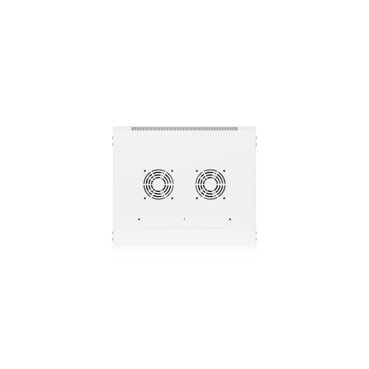 Ubiquiti UACC-Rack-12U-Wall-450-G UniFi Slim 12U cabinet top view showing dual fan mounting grilles, cable access plate and edge ventilation.