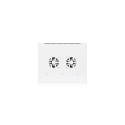 Ubiquiti UACC-Rack-12U-Wall-450-G UniFi Slim 12U cabinet top view showing dual fan mounting grilles, cable access plate and edge ventilation.