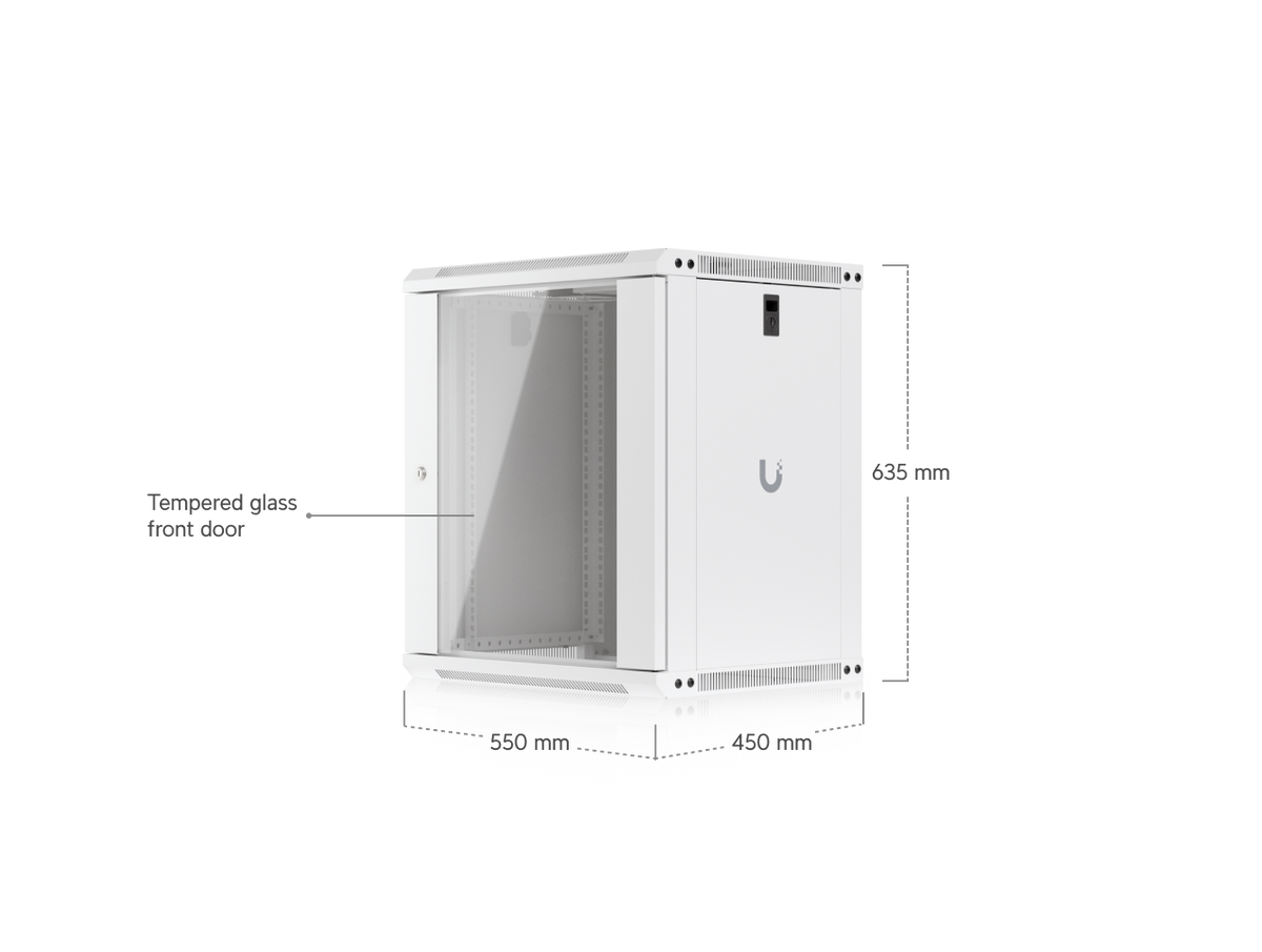 Ubiquiti UACC-Rack-12U-Wall-450-G UniFi Slim 12U rack cabinet dimensions diagram showing tempered glass front door, 550mm width, 450mm depth and 635mm height.