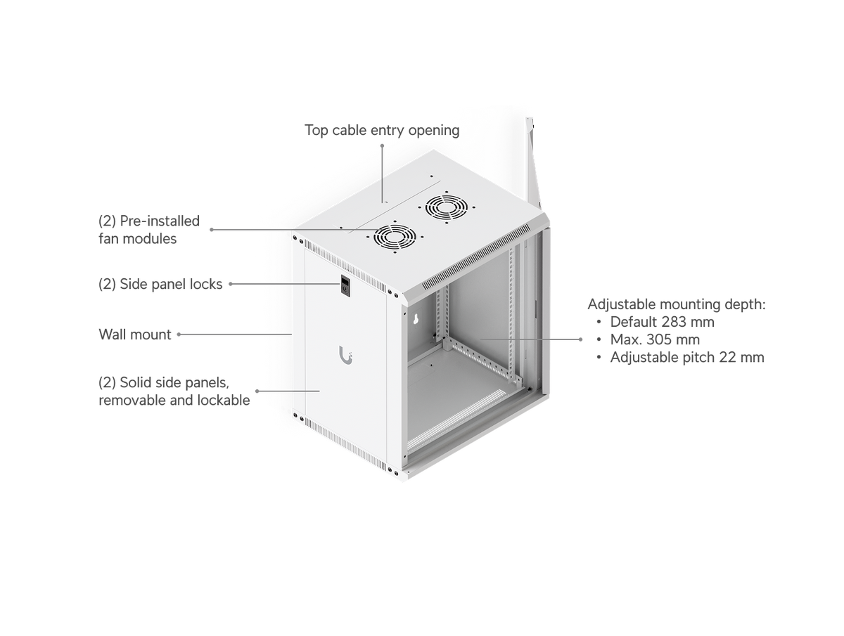 Ubiquiti UACC-Rack-12U-Wall-450-G UniFi Slim 12U wall cabinet feature diagram with dual fan modules, top cable entry, lockable side panels and adjustable mounting rails.