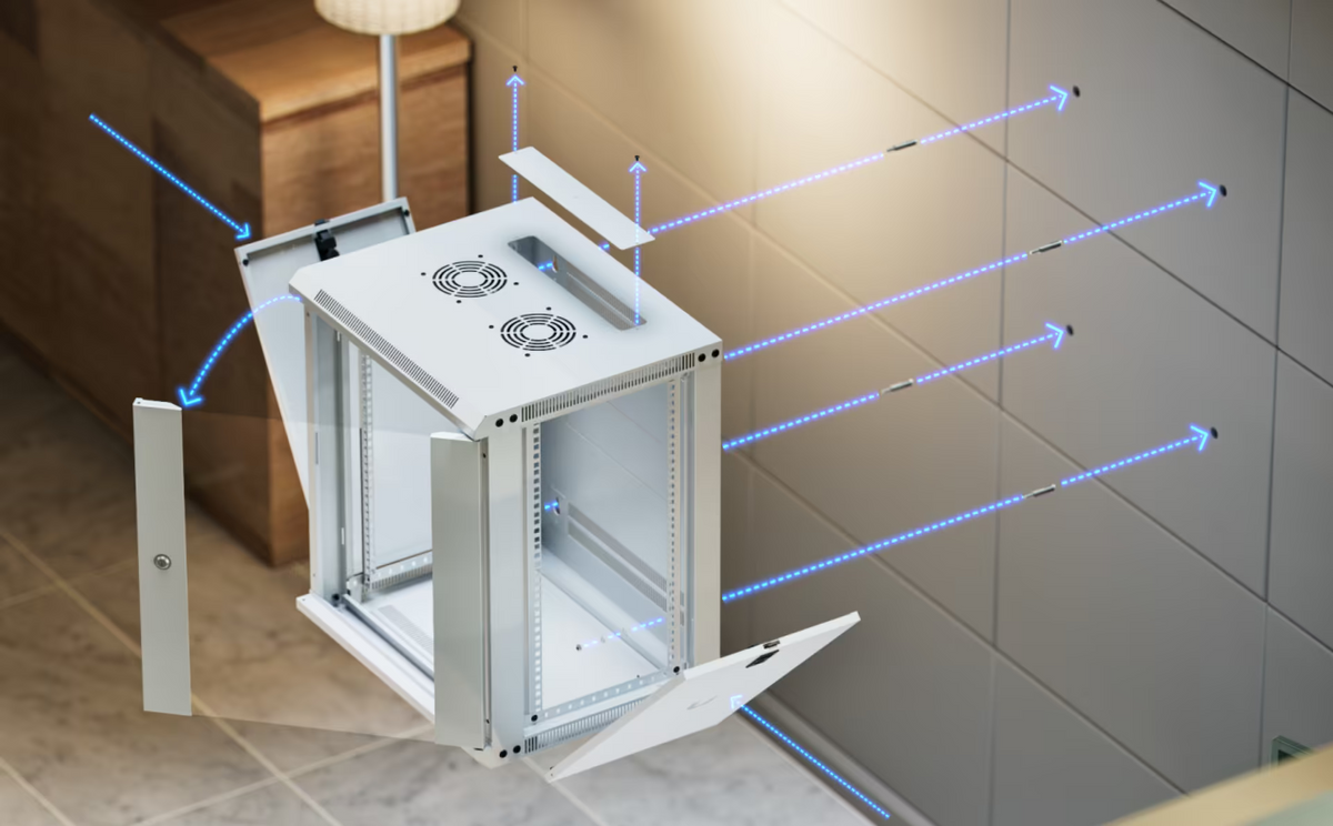 Ubiquiti UACC-Rack-12U-Wall-450-G UniFi Slim 12U cabinet wall-mount installation diagram showing removable panels, glass door, cable entry cover and mounting points.