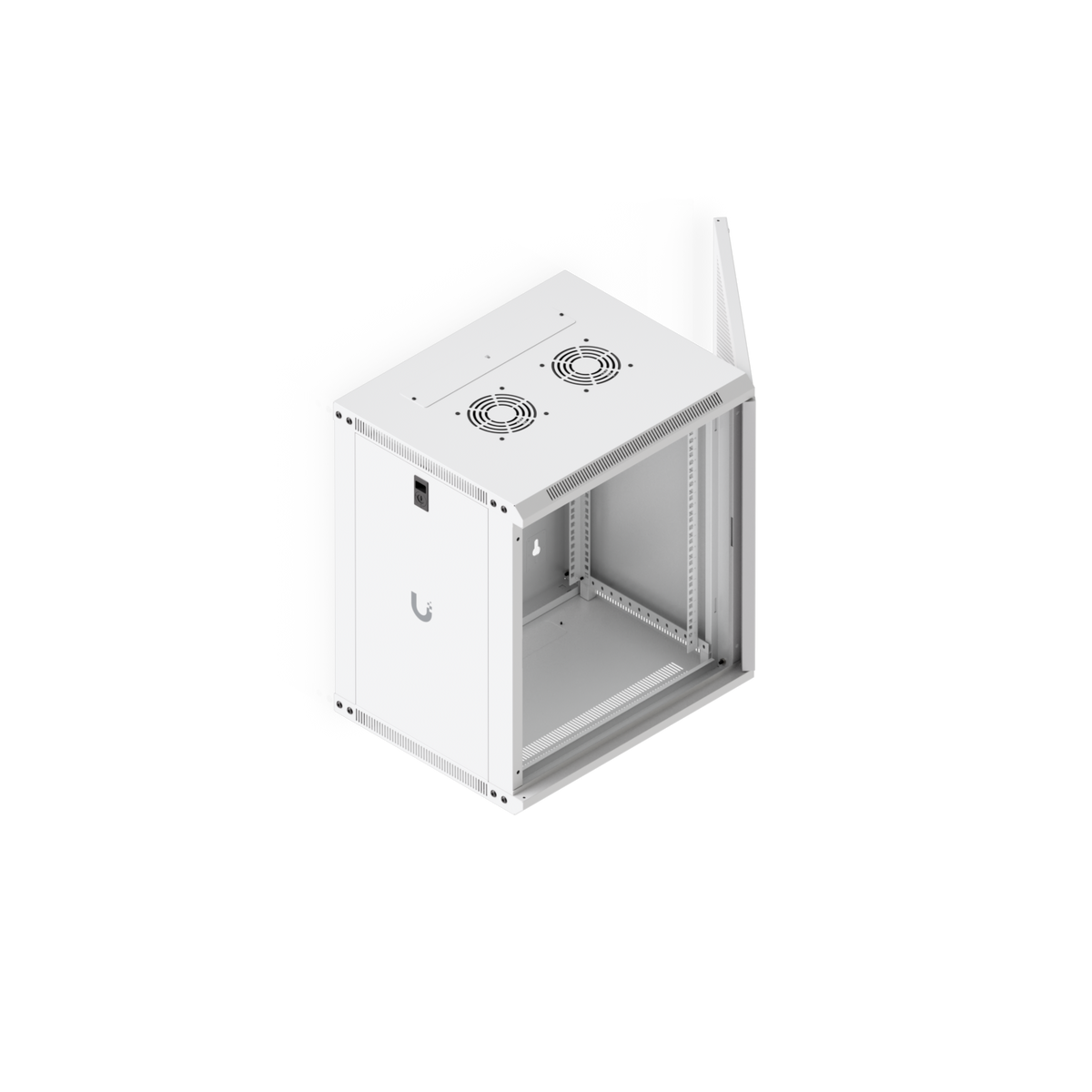 Elevated view of the Ubiquiti UACC-Rack-12U-Wall-450-P UniFi Slim 12U rack cabinet with the perforated door open, exposing the 12U mounting rails.