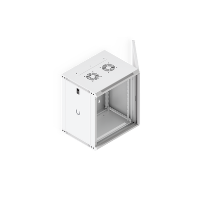 Elevated view of the Ubiquiti UACC-Rack-12U-Wall-450-P UniFi Slim 12U rack cabinet with the perforated door open, exposing the 12U mounting rails.