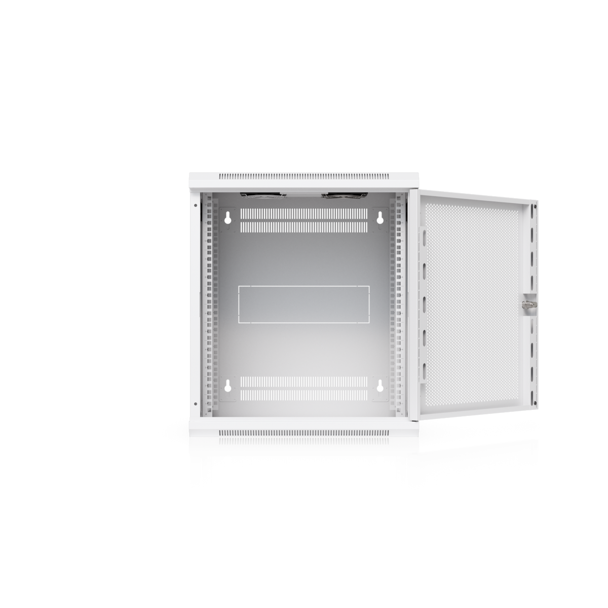 Ubiquiti UACC-Rack-12U-Wall-450-P UniFi Slim 12U rack cabinet with perforated front door open, showing internal mounting rails and rear cable access.