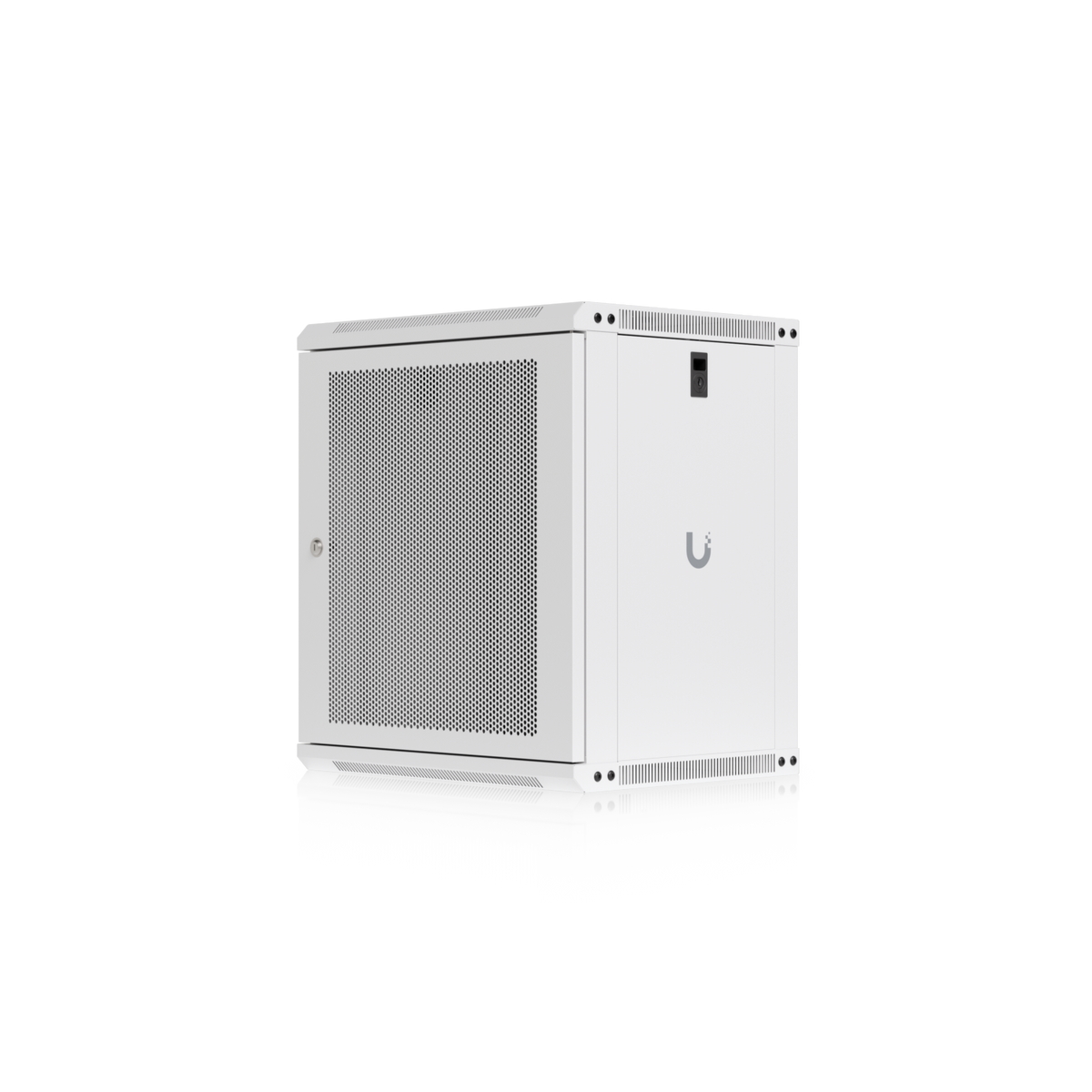 Ubiquiti UACC-Rack-12U-Wall-450-P UniFi Slim 12U rack cabinet in three-quarter view with perforated front door, solid side panel and panel lock.