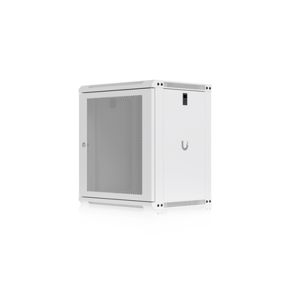 Ubiquiti UACC-Rack-12U-Wall-450-P UniFi Slim 12U rack cabinet in three-quarter view with perforated front door, solid side panel and panel lock.