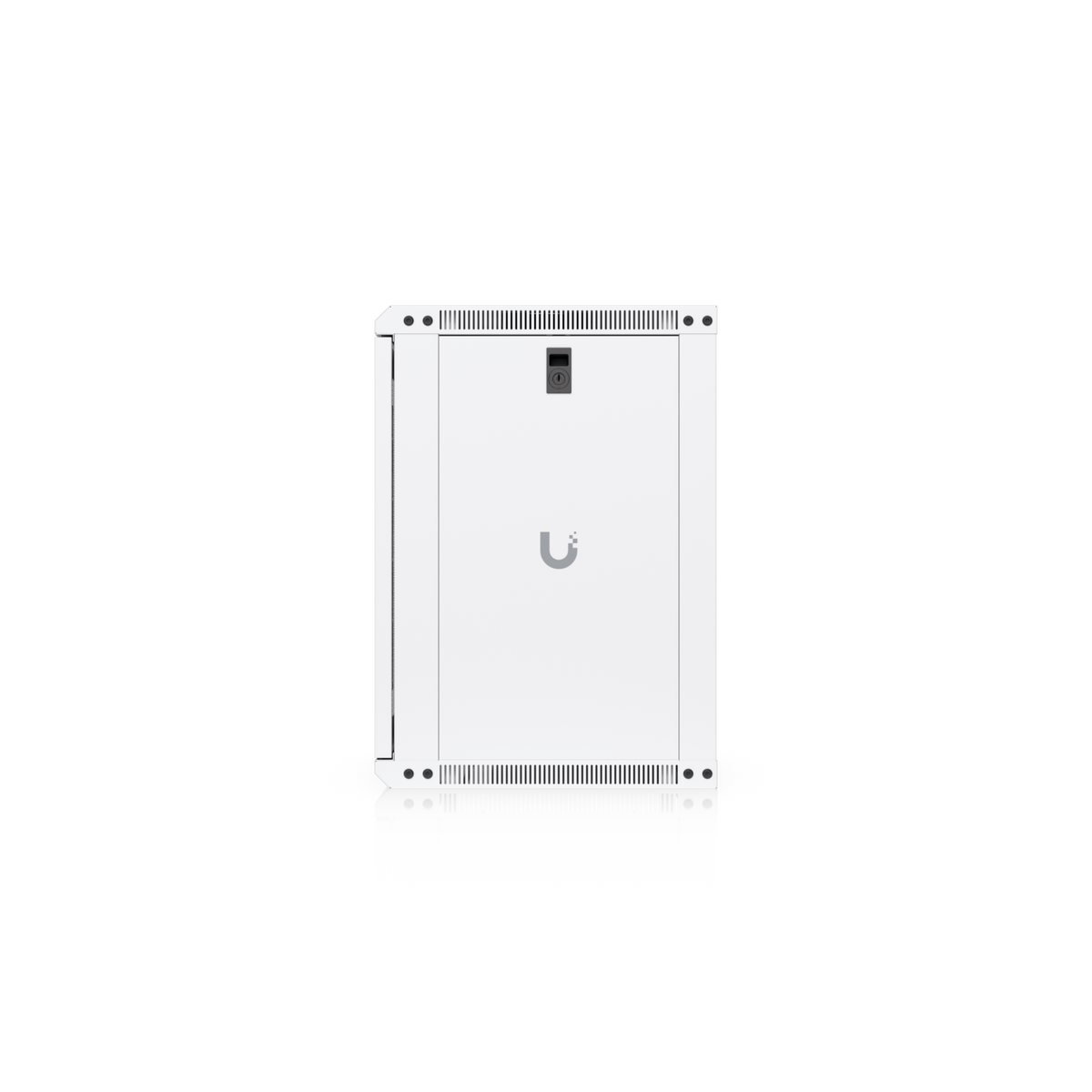 Side view of the Ubiquiti UACC-Rack-12U-Wall-450-P UniFi Slim 12U rack cabinet showing the lockable solid panel, UniFi logo and ventilation slots.