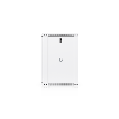 Side view of the Ubiquiti UACC-Rack-12U-Wall-450-P UniFi Slim 12U rack cabinet showing the lockable solid panel, UniFi logo and ventilation slots.