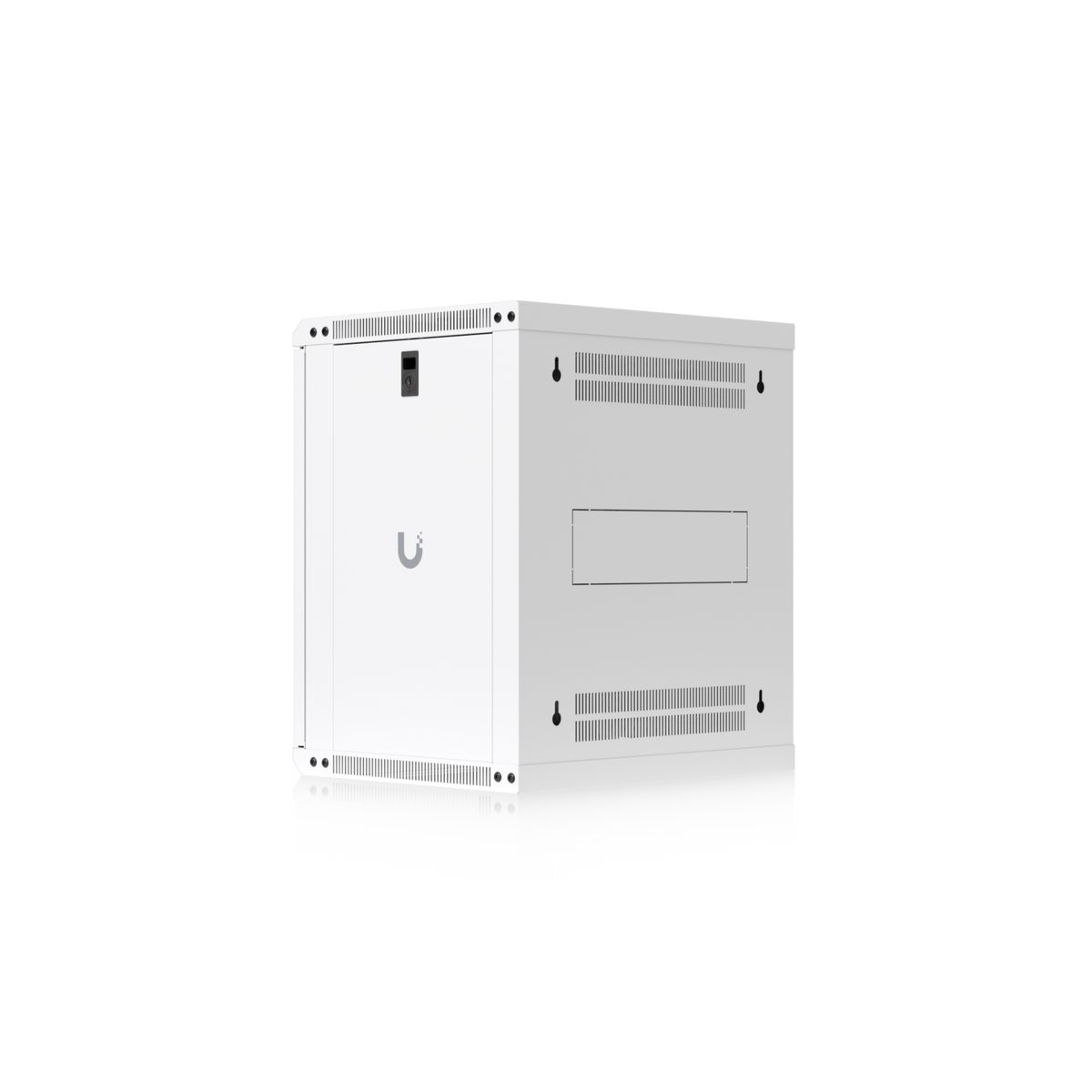 Rear three-quarter view of the Ubiquiti UACC-Rack-12U-Wall-450-P UniFi Slim 12U rack cabinet with wall-mount slots, rear vents and cable entry panel.